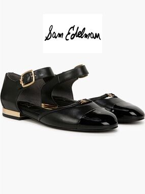 Sam Edelman Rylie Ankle Strap Cap Toe Flat size 10M women. Black and gold.